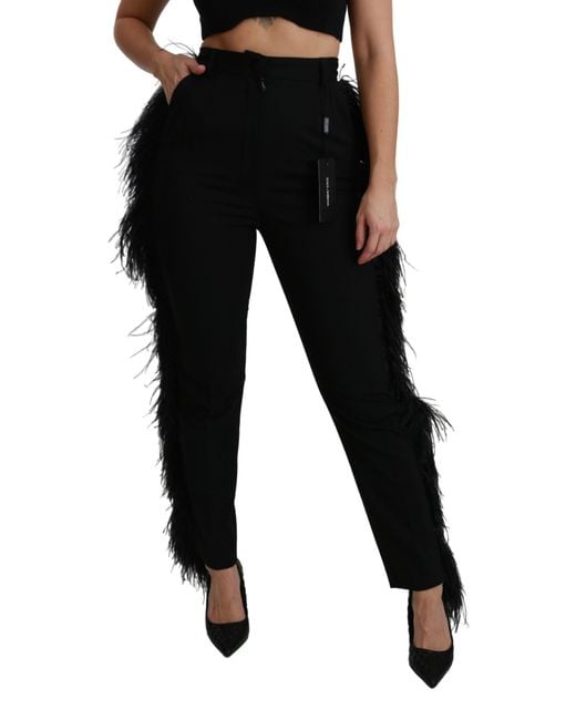 Dolce & Gabbana Black Feather Straight High Waist Wool Pants