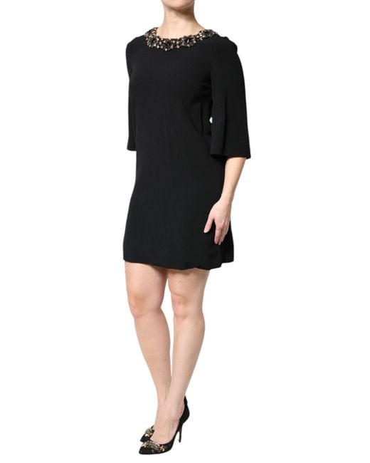 Dolce & Gabbana Black Crystal Embellished Round Neck Mini Dress