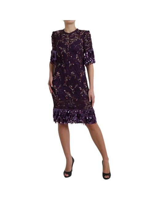 Dolce & Gabbana Purple Floral Lace Crystal Embedded Dress Rayon