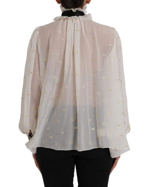 Dolce & Gabbana Gray Off White Silk Blend Ascot Collar Blouse Top