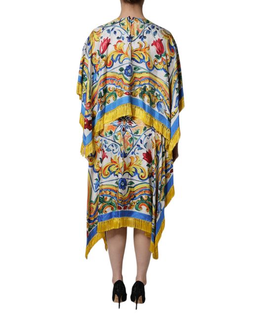 Dolce & Gabbana Blue Majolica Print Fringed Midi Dress