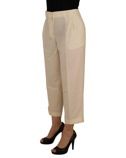 Dolce & Gabbana Natural Ivory High Waist Cropped Folded Hem Trousers Pants