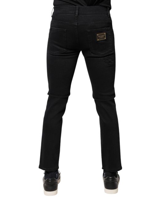Dolce & Gabbana Black Cotton Tattered Skinny Denim Logo Jeans for men