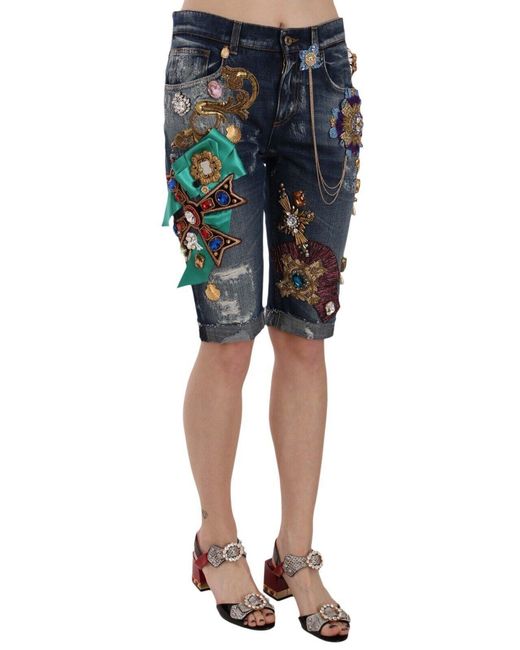 Dolce & Gabbana Black Elegant Knee-Length Embellished Denim Shorts