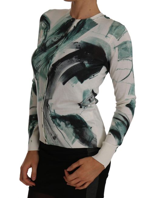 Dolce & Gabbana Gray White Silk Cardigan Lightweight Paint Stroke Sweater