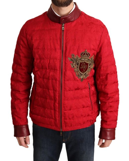 Dolce & Gabbana Red Quilted Bomber Crown Logo Jacket for men