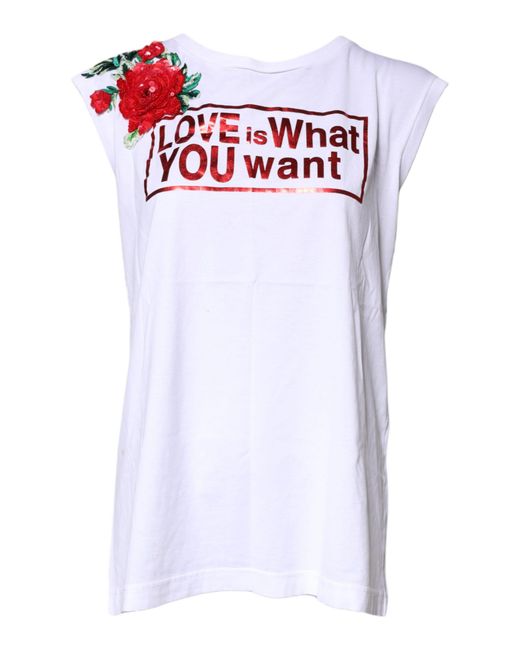 Dolce & Gabbana White Sequin Rose Embroidered Tee