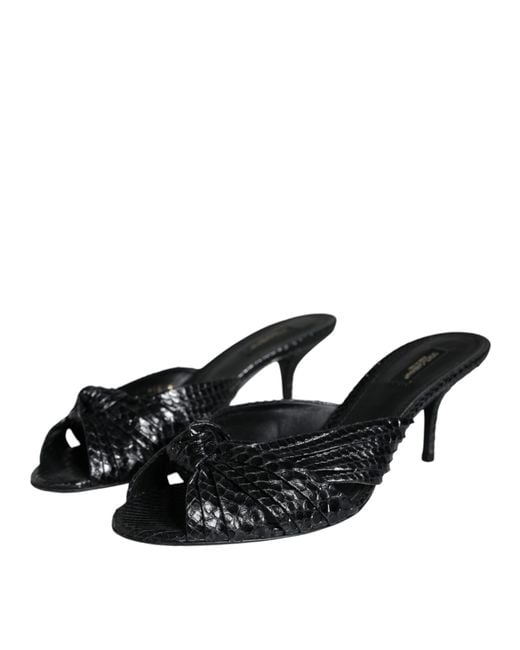 Dolce & Gabbana Black Leather Heels Slides Sandals Shoes Python