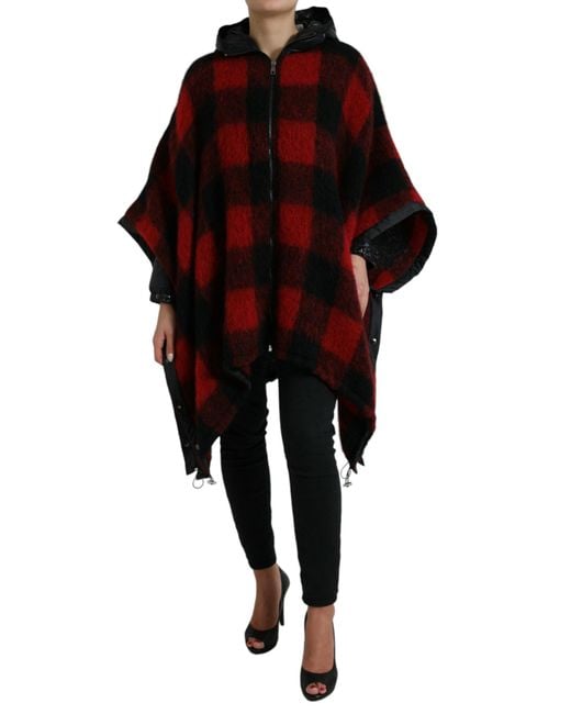 Dolce & Gabbana Red Buffalo Check Hooded Poncho Jacket