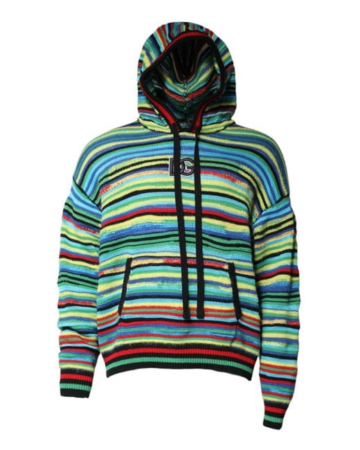 Dolce & Gabbana Green Striped Knit Hoodie Pullover for men