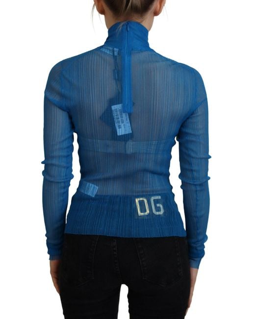 Dolce & Gabbana Blue Mesh Turtleneck Long Sleeve Blouse Top