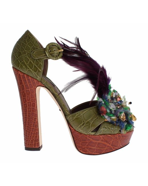 Dolce & Gabbana Green Leather Crystal Platform Sandal Shoes