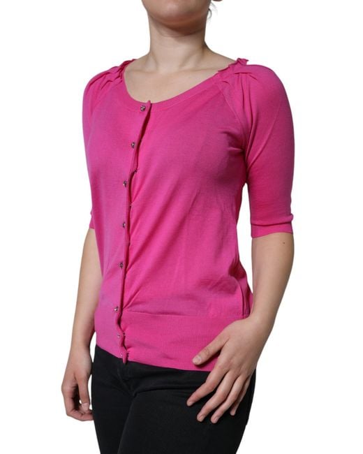 Dolce & Gabbana Pink Wool Button Down Short Sleeve Blouse Top