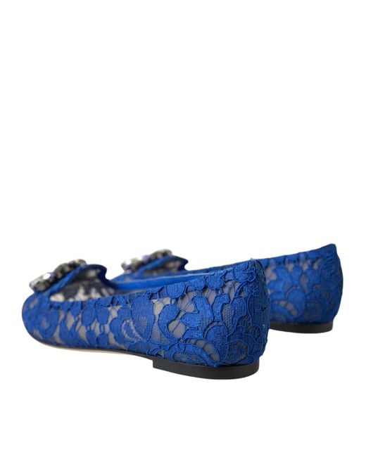 Dolce & Gabbana Blue Lace Crystal Ballet Flats Loafers Shoes