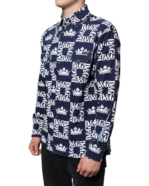 Dolce & Gabbana Blue Crown Logo Print Slim Fit Cotton Shirt for men