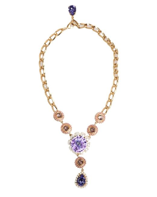 Dolce & Gabbana White Brass Crystal Pearl Floral Pendant Jewelry Necklace