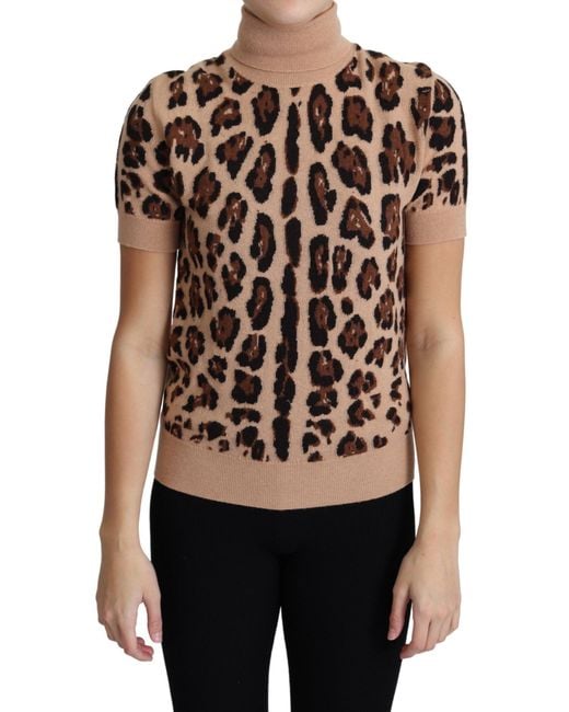 Dolce & Gabbana Brown Leopard Print Virgin Wool Turtleneck Top