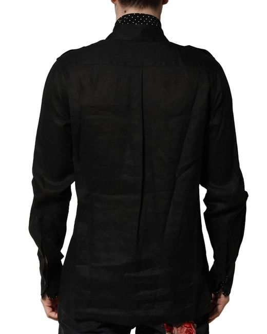 Dolce & Gabbana Black Polka Dot Collar Tie Neck Casual Shirt for men