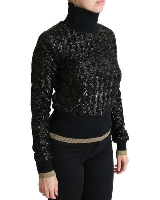 Dolce & Gabbana Black Sequined Knitted Turtle Neck Sweater