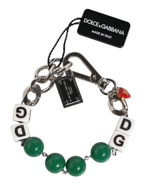 Dolce & Gabbana White Tone Brass Bead Dice Logo Embellish Charm Bracelet