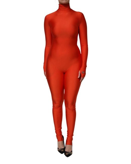 Dolce & Gabbana Red Nylon Turtleneck Bodycon Jumpsuit Dress