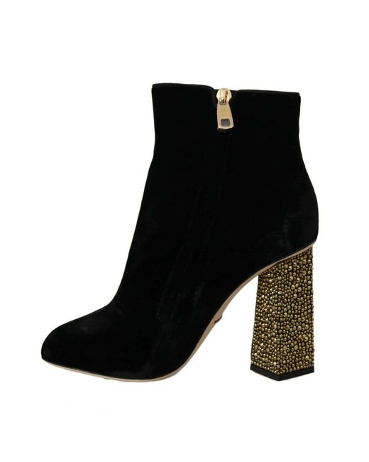 Dolce & Gabbana Black Velvet Crystal Square Heels Shoes