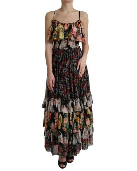Dolce & Gabbana Black Floral Chiffon Tiered Maxi Dress