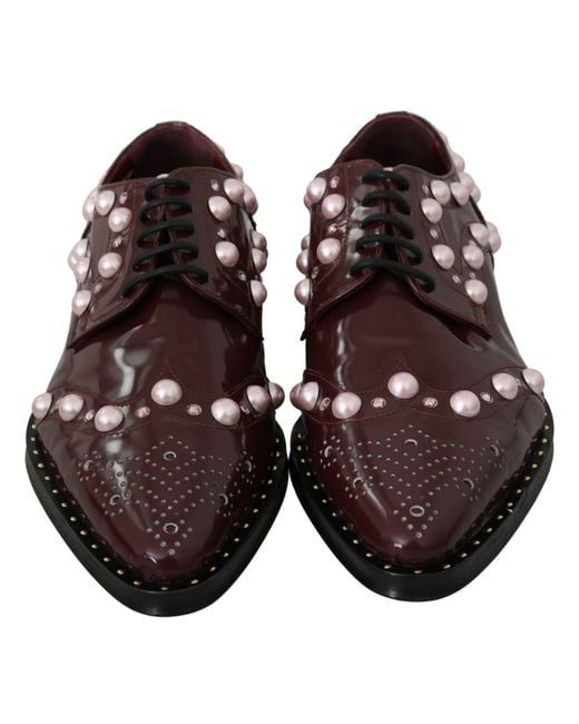 Dolce & Gabbana Multicolor Elegant Bordeaux Lace-Up Flats With Pearls And Crystals