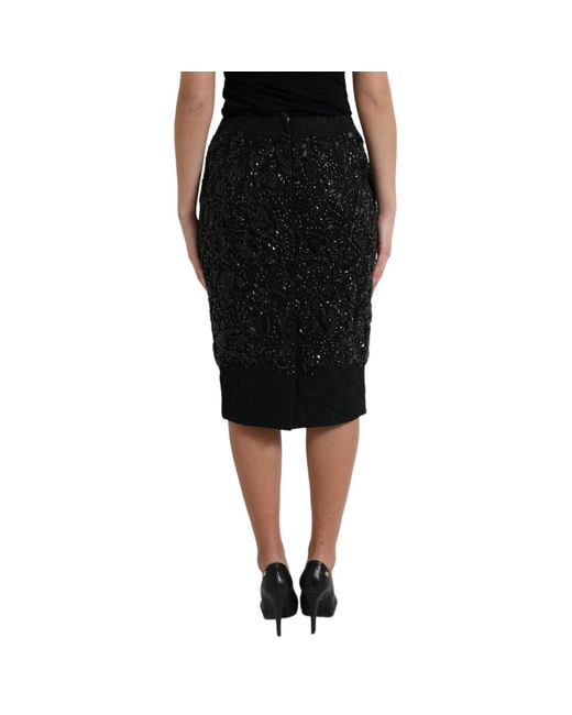 Dolce & Gabbana Black Crystal Handmade Knee Pencil Skirt