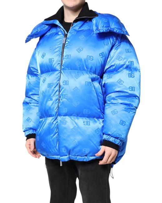 Dolce & Gabbana Blue Puffer Jacket Allover Logo Print for men