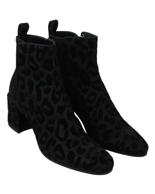 Dolce & Gabbana Black Leopard Short Boots Zipper Shoes