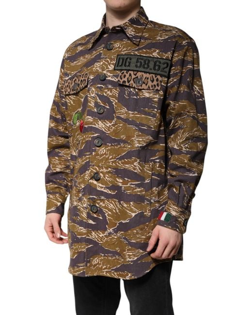Dolce & Gabbana Brown Leopard Cotton Collared Coat Jacket for men