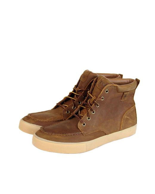 Polo Ralph Lauren Tedd Leather High Top Sneaker With Logo in Tan ...