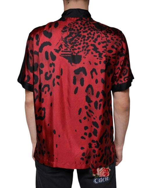 Dolce & Gabbana Red Leopard Silk Button Down Casual Shirt for men