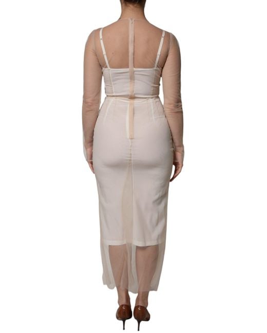 Dolce & Gabbana White Sheer Tulle Bustier Bodycon Midi Dress