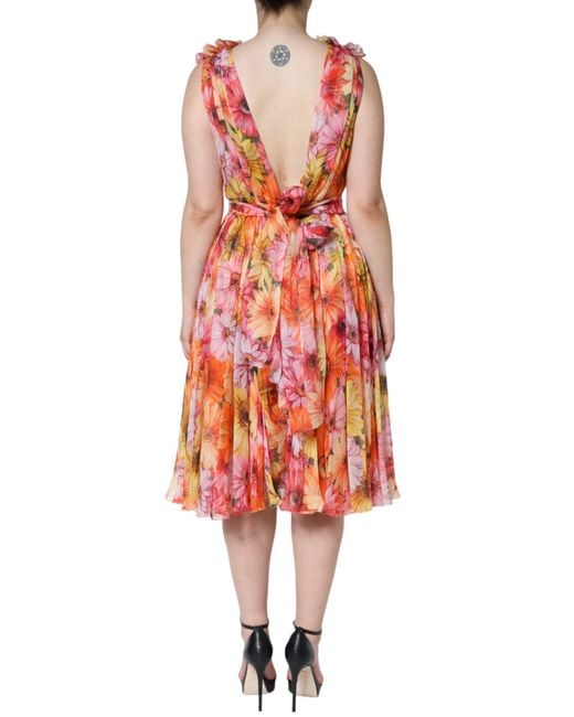 Dolce & Gabbana Red Floral Sleeveless V-Neck Midi Dress