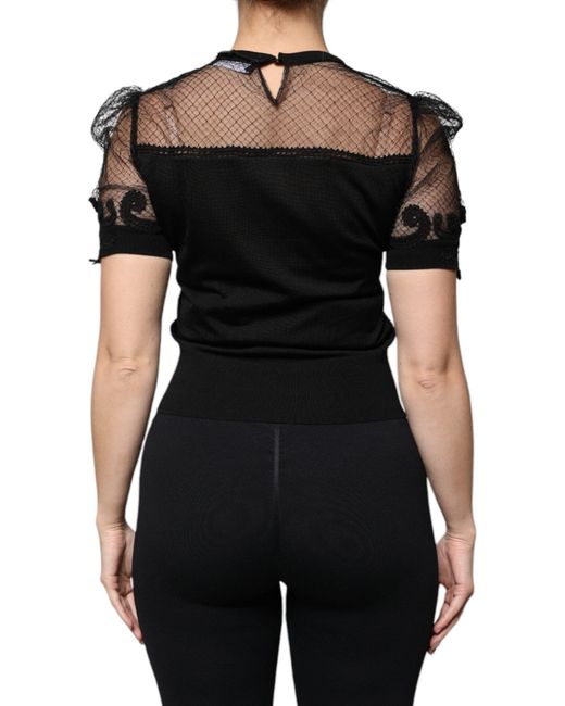 Dolce & Gabbana Black Floral Lace Short Sleeves Blouse Top