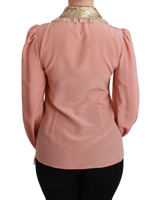 Dolce & Gabbana Pink Silk Sequin Lace Blouse Shirt