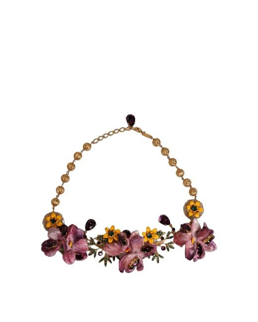 Dolce & Gabbana White Brass Mix Fiori Flowers Crystal Chain Necklace Cotton Real