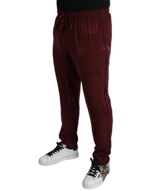 Dolce & Gabbana Red Crown Pattern Silk Pajama Pants for men