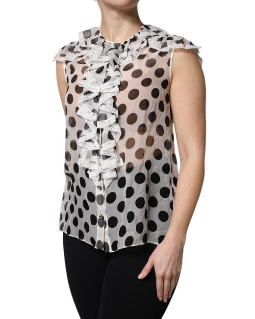 Dolce & Gabbana White Polka Dot Silk Blouse Ruffled Neckline