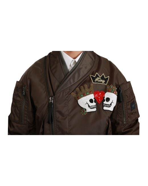 Dolce & Gabbana Brown Beaded Crown Skull Logo Jacket Nylon Clothing for men