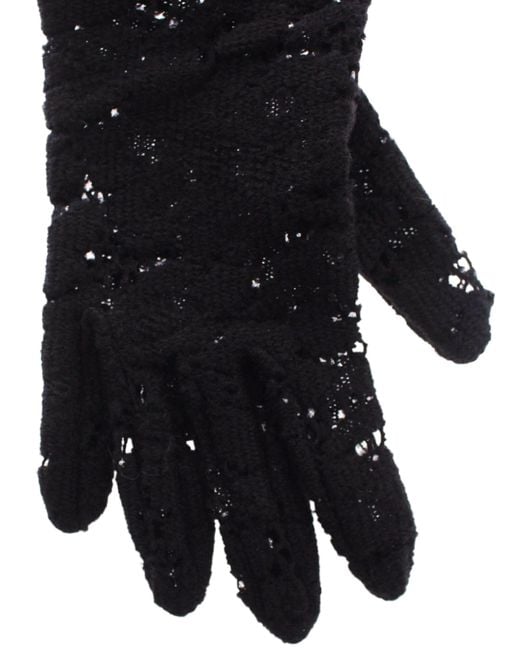 Dolce & Gabbana Black Lace Wool Lambskin Fur Elbow Gloves