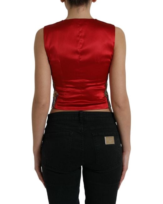 Dolce & Gabbana Red Floral Brocade Vest Sleeveless Vneck