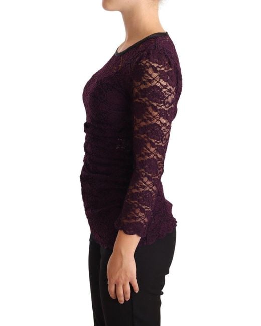 Dolce & Gabbana Blue Lace Long Sleeve Top Blouse Nylon Silk
