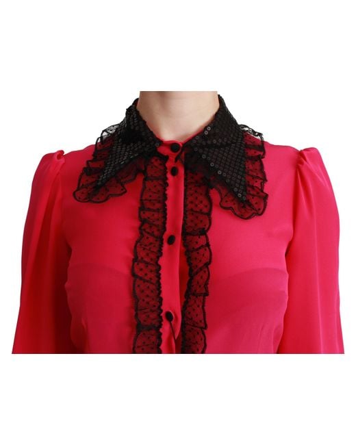 Dolce & Gabbana Red Pink Silk Black Sequin Lace Shirt Blouse