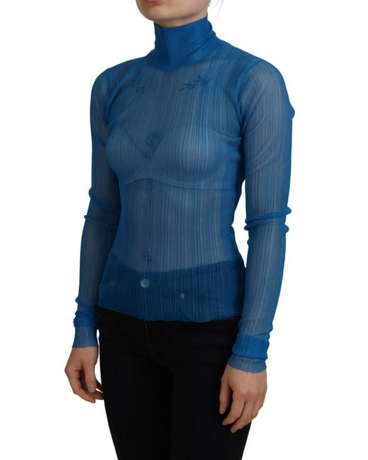 Dolce & Gabbana Blue Mesh Turtleneck Long Sleeve Blouse Top
