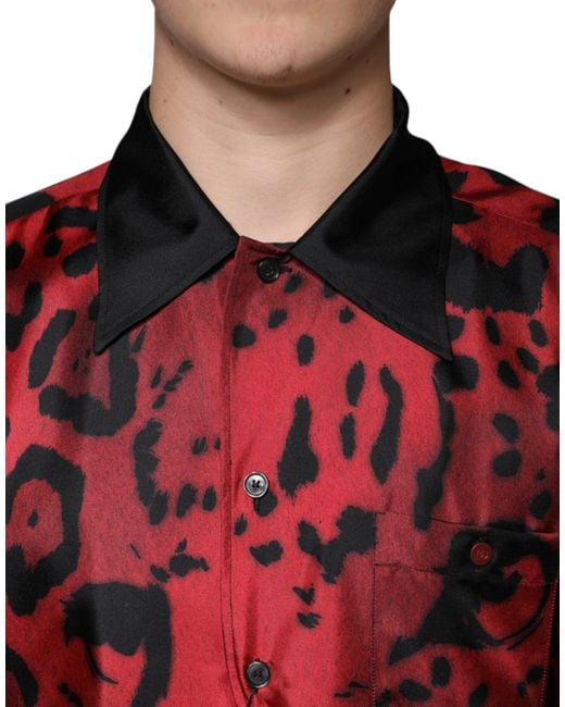 Dolce & Gabbana Red Leopard Silk Button Down Casual Shirt for men