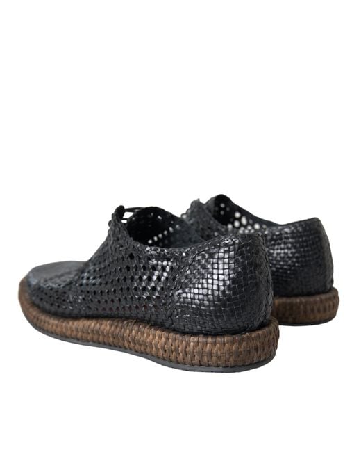 Dolce & Gabbana Black Woven Goat Leather Lace Up Derby Shoes for men