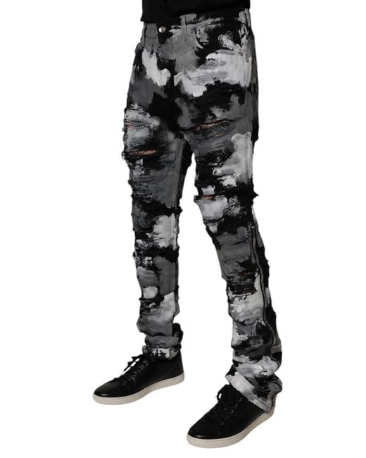 Dolce & Gabbana Black Camouflage Tattered Skinny Denim Jeans for men